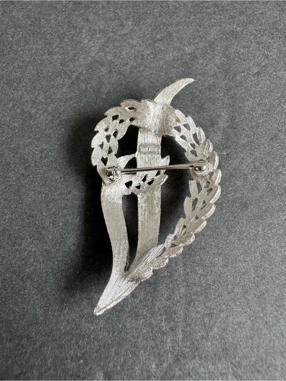Vintage Trifari Brooch Brushed Silver Pin Wheat Leaf Crest Grandma Jewelry Retro